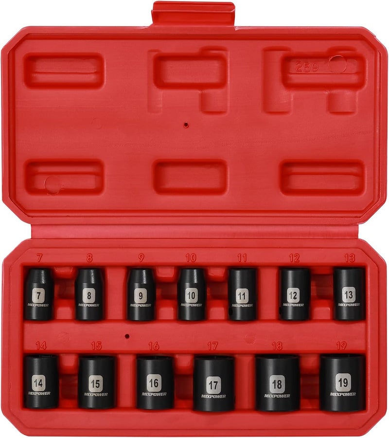 MIXPOWER 13 Pieces 3/8-Inch Drive Shallow Impact Socket Set, 7mm to 19mm, CR-V, Metric, 6 Point, Shallow, 13 Pieces 3/8" Dr. Socket - Image 2